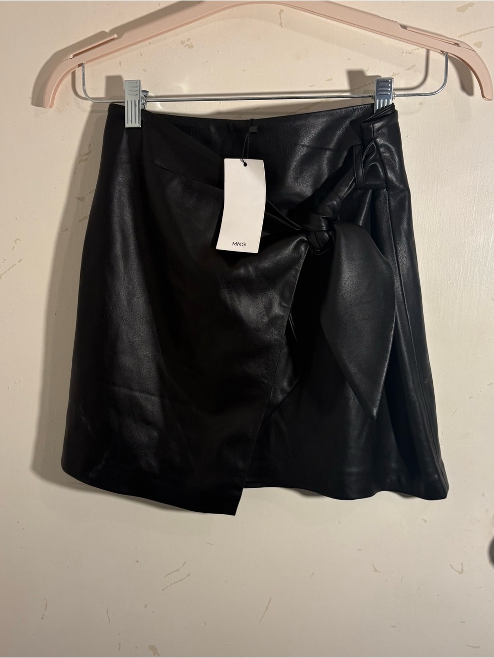 NWT Mango Black Faux Leather Wrap Mini Skirt with Side Tie Knot